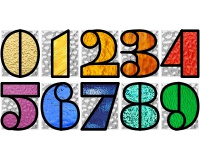 (image for) 0 - 9, Stylized font numbers, stained glass, 2 x 2.5 inches