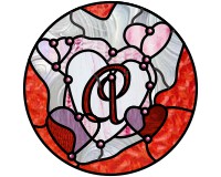 stained glass alphabets, letter A with lots of hearts and abstract lines stained glass pattern