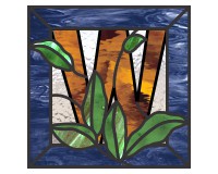 alphabet letter W and wavy leaves and vines stained glass pattern