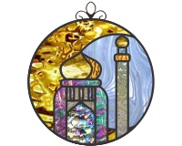 (image for) Crescent moon, mosque, stained glass pattern