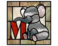 letter M and little elephant stained glass pattern for children's room